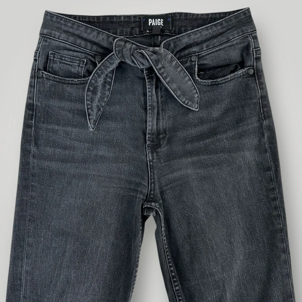 PAIGE Margot Straight Leg Jeans Womans 26 (26x26) Tie Waist Black Denim‎ Raw Hem